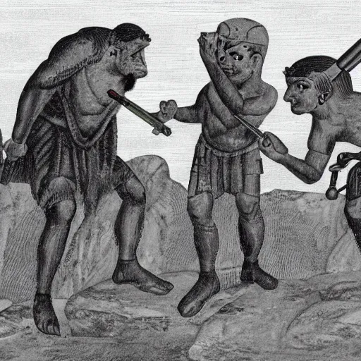 Image similar to schoolbook image of ancient humans discovering guns near a rock.