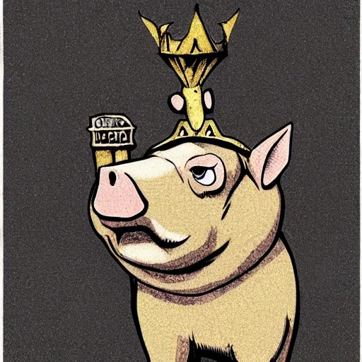 Image similar to grunge cartoon sketch of a pig in a gold crown by beeple , loony toons style, horror themed, detailed, elegant, intricate