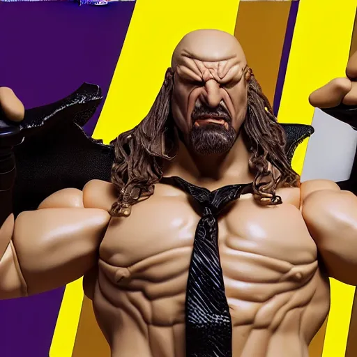 Image similar to Full body shot of a highly detailed flexible Triple H vinyl figurine as a villain, white background, 3d, high quality, depth of field, high contrast, 8k, concept art, smooth, sharp focus, highly detailed, wrestling, WWE