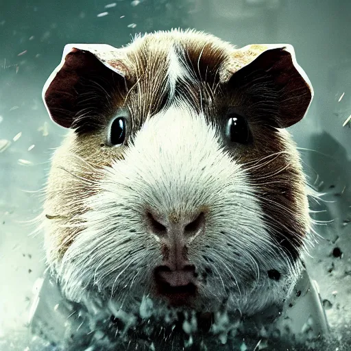 Image similar to guinea pig in gears of war, splash art, movie still, detailed face, photorealistic facial features, cinematic lighting, dramatic, octane render, long lens, shallow depth of field, bokeh, anamorphic lens flare, 8 k, hyper detailed, 3 5 mm film grain