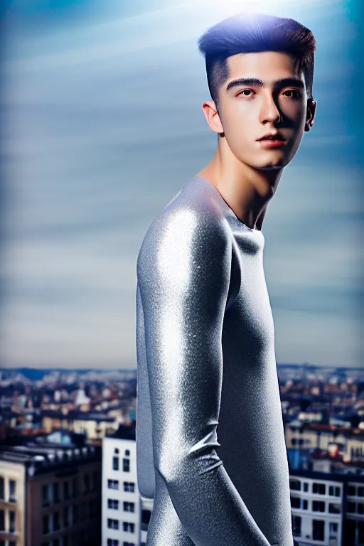 Image similar to un ultra high definition studio quality photographic art portrait of a young man standing on the rooftop of a british apartment building wearing soft padded silver pearlescent clothing. three point light. extremely detailed. golden ratio, ray tracing, volumetric light, shallow depth of field. set dressed.