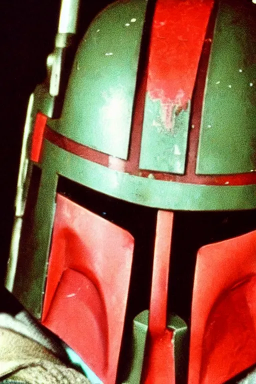 Image similar to boba fett helmet slashed open partially exposed face scowling. screenshot from 1977 Star Wars