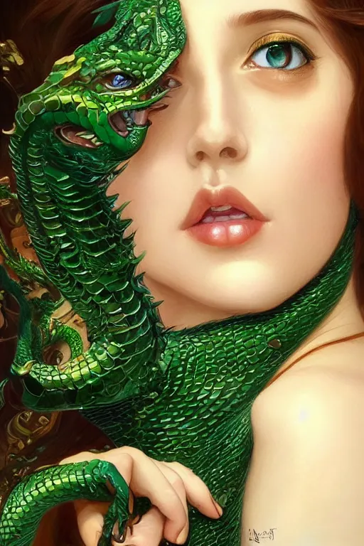 Image similar to a seductive beautiful lithuanian woman with a perfect anime face!!! shiny green iridescent dragon scale skin, serpentine features, bust portrait, gold jewelry, dnd, face, fantasy, intricate, elegant, highly detailed, digital painting, artstation, concept art, smooth, sharp focus, illustration, art by artgerm and greg rutkowski and alphonse mucha