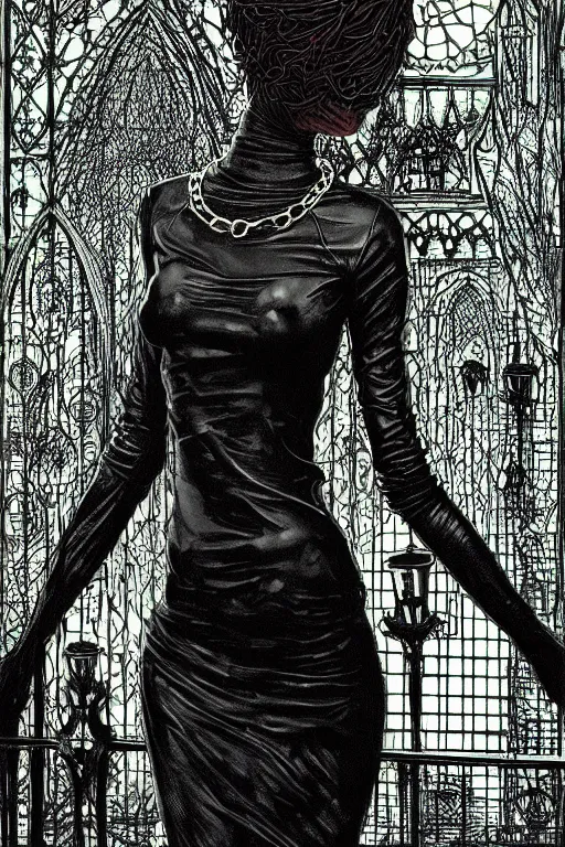 Image similar to dreamy gothic girl, black leather slim clothes, chains and metal parts, detailed acrylic, grunge, intricate complexity, by dan mumford and by alberto giacometti, peter lindbergh