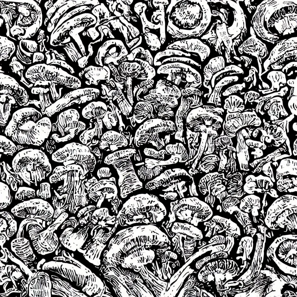 Prompt: a linocut engraving of hyeroglyphs made out of mushrooms