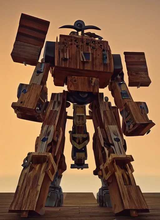 Image similar to A giant wooden bipedal autobot transformer made out of pirate ship, canons on arms, wooden mast for legs, sails, digital art