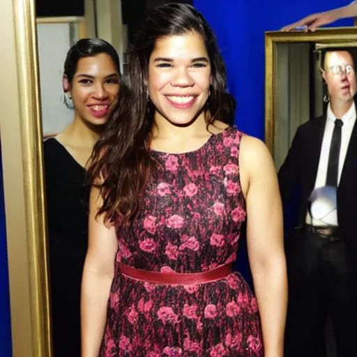 Prompt: America Ferrera posing in front of a mirror, admiring her own reflection