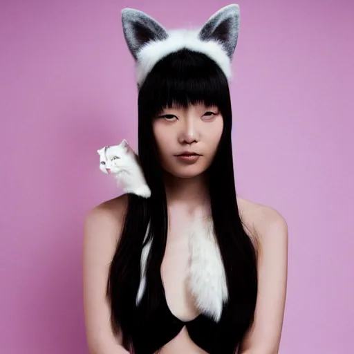 Prompt: full body aesthetic photograph of a beautiful young Japanese woman with furry white cat ears, by Nick Knight, headshot, realistic, photorealistic, HD, 4k resolution