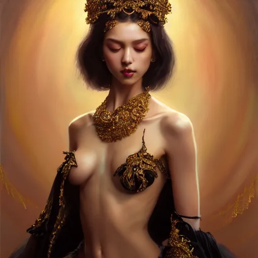 Prompt: expressive oil painting, of alluring european princess, deep seductive look, smooth glowing skin, glistening body, love, adoration, blushing, ornate headpiece of black beads, glamour shot, by yoshitaka amano, by greg rutkowski, by jeremyg lipkinng, by artgerm, digital art, octane render, ornate robe