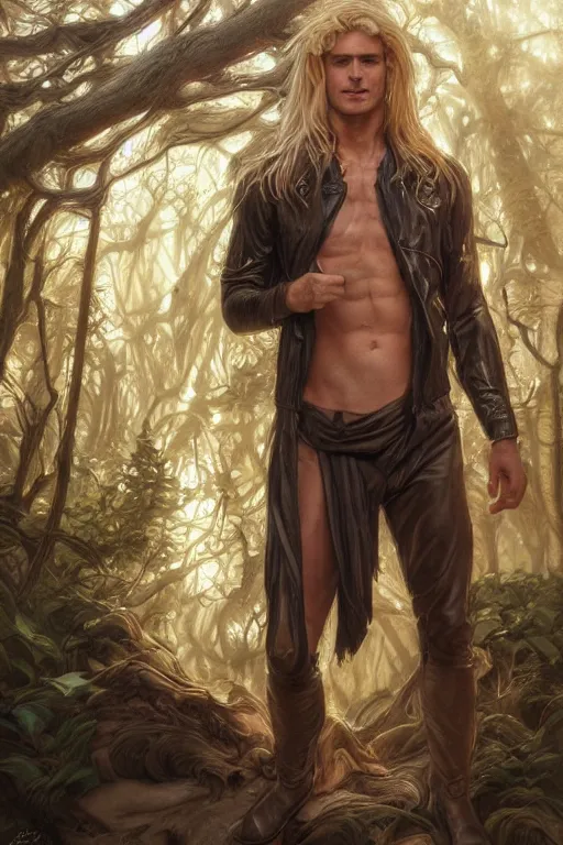 Image similar to portrait of a blonde herculian man in a leather - jacket, flowing hair, forest, full body, muscular, fantasy, intricate, elegant, highly detailed, digital painting, artstation, concept art, sharp focus, illustration, art by artgerm and greg rutkowski and alphonse mucha