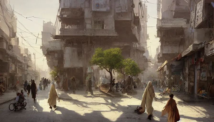 Prompt: jeddah city street, roshan, shops, a bright pharmacy, a nomad wearing a worn out coat, plants, old tree, kids, dramatic lighting fantasy, sci fi, by caspar david friedrich by james gilleard and justin gerard, centered, artstation, smooth, sharp focus, photoreal octane render, by jean baptiste monge, gustave dore, deviantart