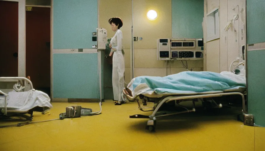 Prompt: 60s movie still of white japanese female phantoms bloody in an empty soviet stalinist style hospital with yellow tiles floor with light blue beds, cinestill 800t 35mm technicolor, heavy grain, high quality, higly detailed, liminal space