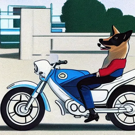 Image similar to Corgi riding a 90s Japanese motorcycle in style of Hiroshi Nagai