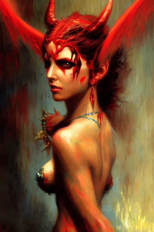 Image similar to attractive demon queen with red eyes, painting by gaston bussiere, craig mullins