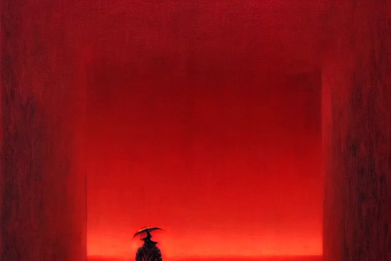 Image similar to only with red, a red samurai humanoid, tokio futuristic in background, yokai, in the style of beksinski, parts by edward hopper, parts by rodcenko, parts by yue minjun, intricate and epic composition, red by caravaggio, insanely quality, highly detailed, masterpiece, red light, artstation, 4 k