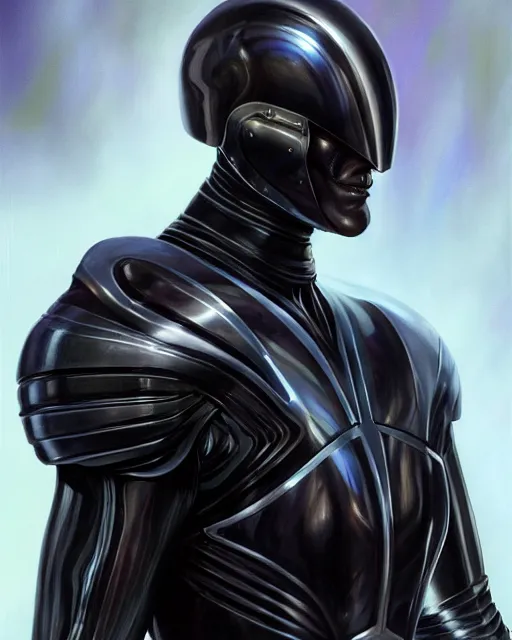 Image similar to iridescent sinewy smooth muscular male sleek glossy black pearlescent scifi armor with smooth black featureless helmet, by mark brookes, jim burns, tom bagshaw, magali villeneuve, trending on artstation