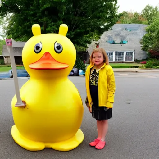 Image similar to a yellow human sized duck standing next to a children's lemonade stand