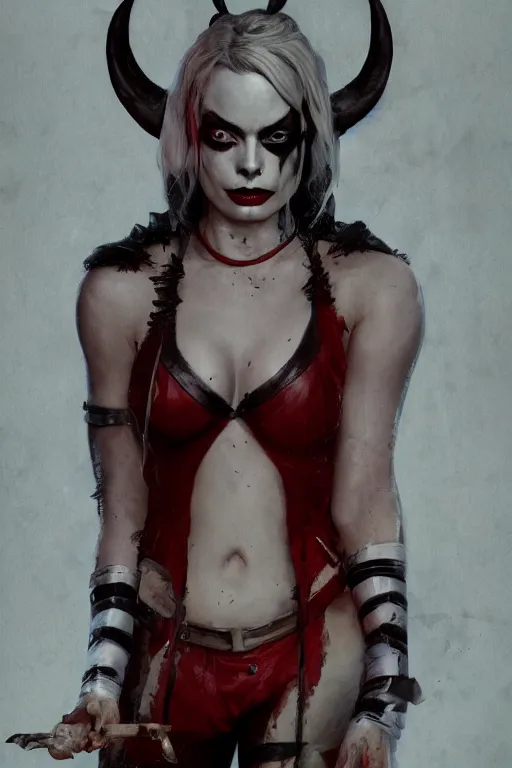 Image similar to a portrait of a Margot Robbie Harley Quinn as a succubus fully clothed by Greg Rutkowski, Sung Choi, Mitchell Mohrhauser, Maciej Kuciara, Johnson Ting, Maxim Verehin, Peter Konig, final fantasy , mythical, 8k photorealistic, cinematic lighting, HD, high details, atmospheric,