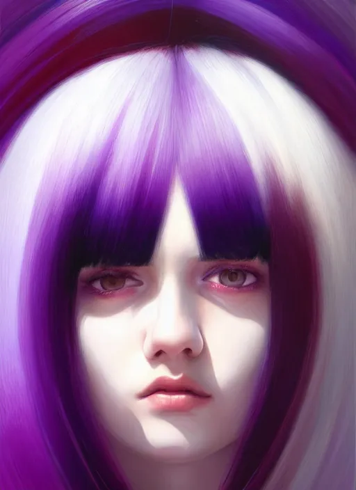 Image similar to hair whitebangs hair, black hair, whitebangs, portrait of teenage girl with white bangs, red irises, purple clothes, white bangs, bangs are different color from hair, intricate, elegant, glowing lights, highly detailed, digital painting, artstation, concept art, smooth, sharp focus, illustration, art by wlop, mars ravelo and greg rutkowski