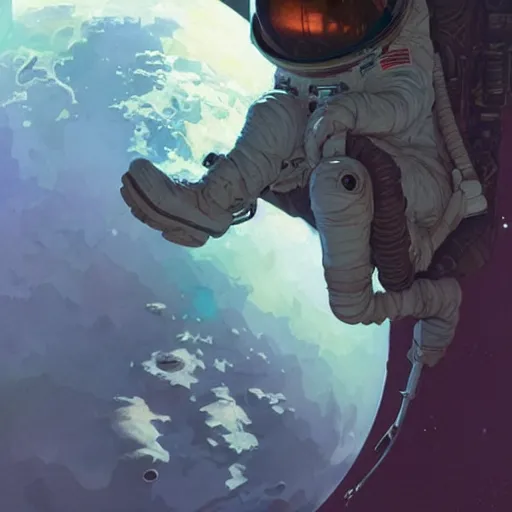 Image similar to an astronaut fleeing the moon by artgerm, greg rutkowski, alphonse mucha