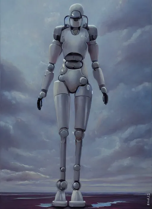 Image similar to a sensual oil painting of a giant pristine white humanoid feminine figure mecha with rounded components by simon stalenhag, inspired by nier automata, clean white lab background