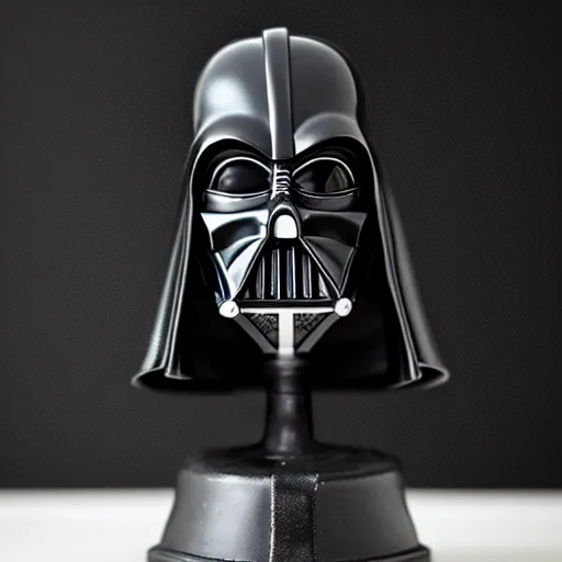 Image similar to a black and white darth vader figurine sitting on top of a table, a macro photograph by Craola, featured on zbrush central, mingei, made of rubber, goth, black background