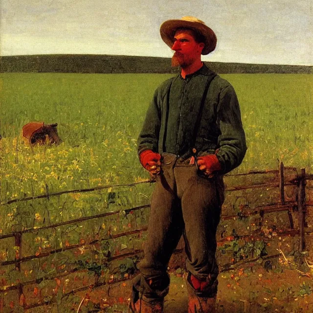 Image similar to portrait of a young farmer in ohio in 1 8 8 8, art by winslow homer and thomas eakins