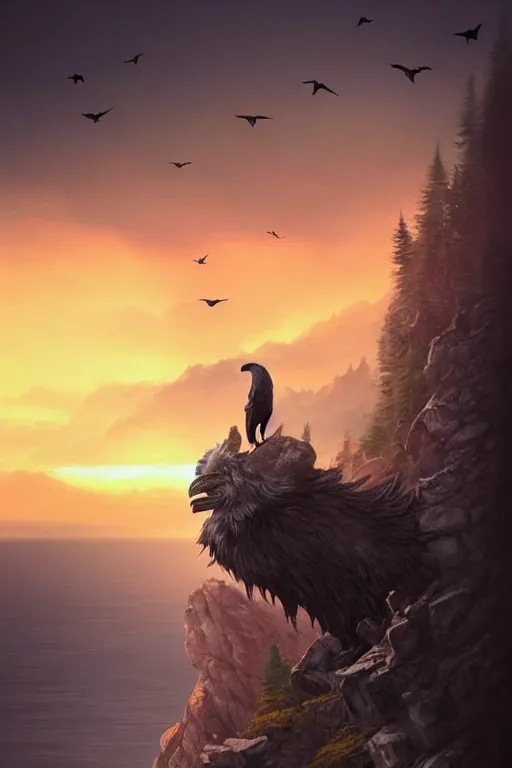 Prompt: elderly man falling off a cliff, tragic moment, 8 k, art by artgerm, award winning photo, sunset in background, wolfs growling on cliff edge, ravens in the sky, highly - detailed