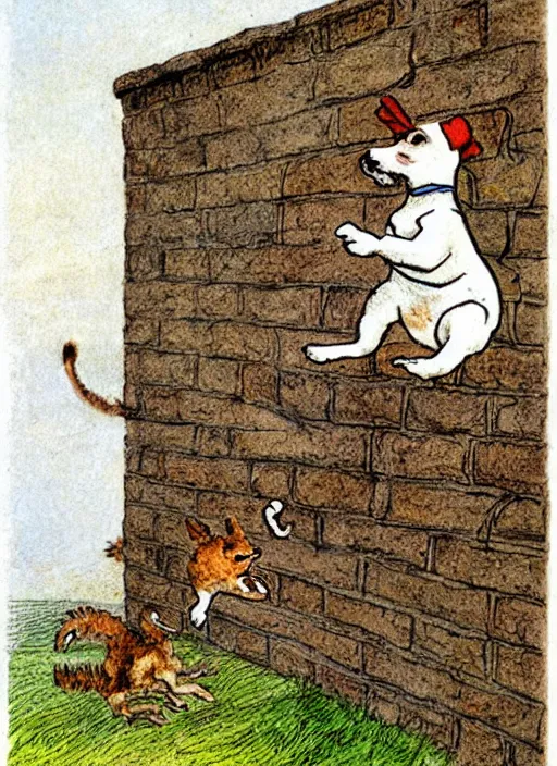 Image similar to jack russel terrier jumping off of brick structure, illustrated by peggy fortnum and beatrix potter and sir john tenniel