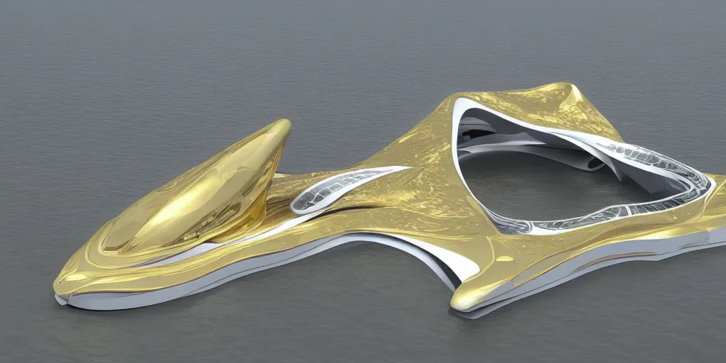 Image similar to mosque floating spaceship by zaha hadid, golds fantasy world