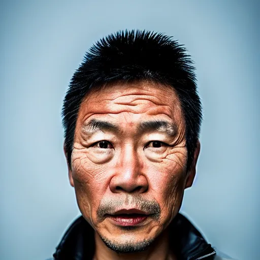 Image similar to a close up photographic portrait of a rugged asian actor wearing wet weather gear looking worried taken by annie leibowitz. cinematic lighting, blue background colour, 5 0 mm, subsurface scatter.