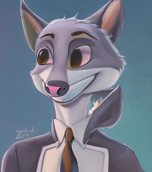 Image similar to oil painting of full body of anthromorphic female wolf, in style of zootopia, zootopia, zootopia, fursona, furry, furaffinity, 4 k, deviantart, furry art, fursona art, wearing black business suit, business suit, in style of zootopia, wolf fursona, cyberpunk, female, expressive detailed feminine face,