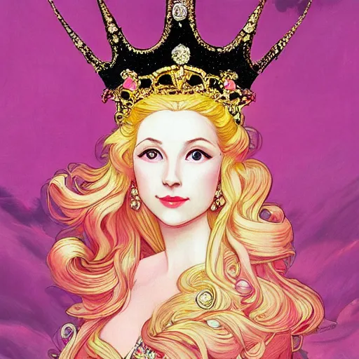 Image similar to the painted portrait of beautiful princess with long blond hair and a golden crown circled by diamonds in a wonderful pink dress over a cloudy black background by Leyendecker, Moocha, and Rebecca Guay, trending on artstation