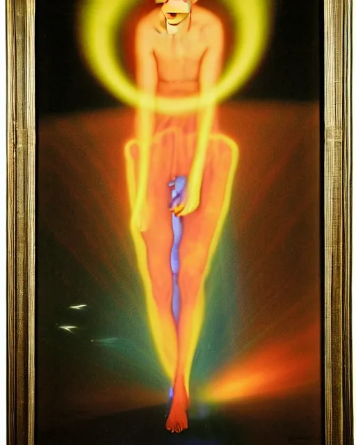 Image similar to david bowie as a ziggy stardust levitating and surrounded by transcendental light by jean auguste dominique ingres by agnes pelton, luminous orbs, labyrinthine, mystical