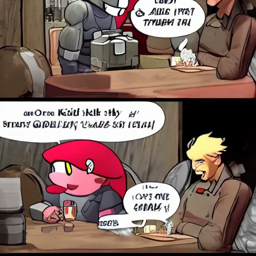 Image similar to kirby sitting next to solid snake at the bar, moody, gritty