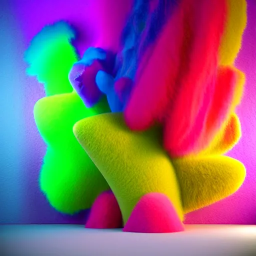 Prompt: : colorful abstract fuzzy sculpture on the wall in modern architecture, cinematic lighting, hyper - realistic, detailed, render by c 4 d octane, unreal engine, 8 k 3 d render