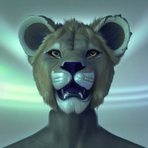 Image similar to dream very very beautiful furry art, bust profile picture of a robotic anthro lion, visor screen for face, snout under visor, commission on furaffinity, cgsociety, octane render
