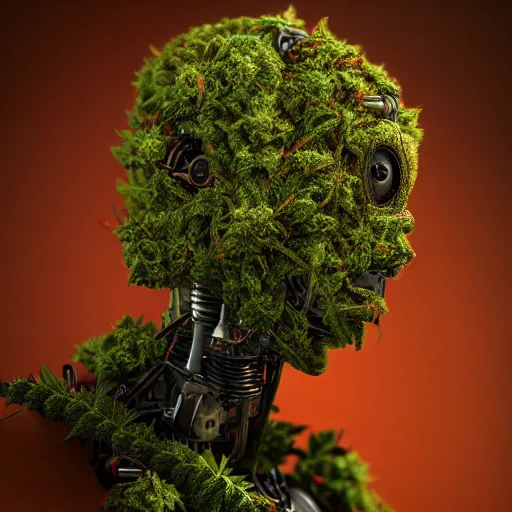 Image similar to an amazing deep portrait of a robot made of marijuana, intricate detail, volumetric lighting, 8 k, photorealistic, digital art trending on artstation