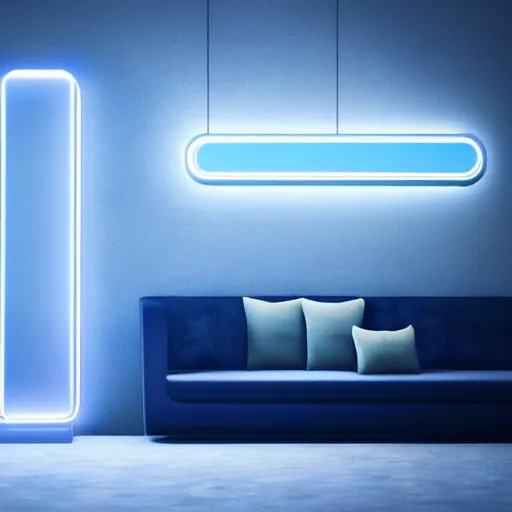 Prompt: futuristic looking living room, dark with blue neon lights, contrasted, tron style, octane render