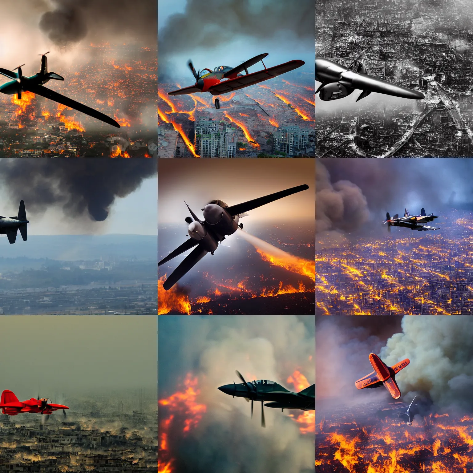 Prompt: landscape photograph of a propeller fighter jet flying, over a destroyed smoking burning city, color, reflections, motion blur, atmospheric, award winning photo