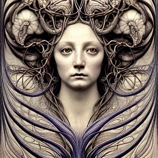 Image similar to detailed realistic porcelain beautiful calaveras goddess face portrait by jean delville, gustave dore, iris van herpen and marco mazzoni, art forms of nature by ernst haeckel, art nouveau, symbolist, visionary, gothic, neo - gothic, pre - raphaelite, fractal lace, intricate alien botanical biodiversity, surreality, hyperdetailed ultrasharp octane render