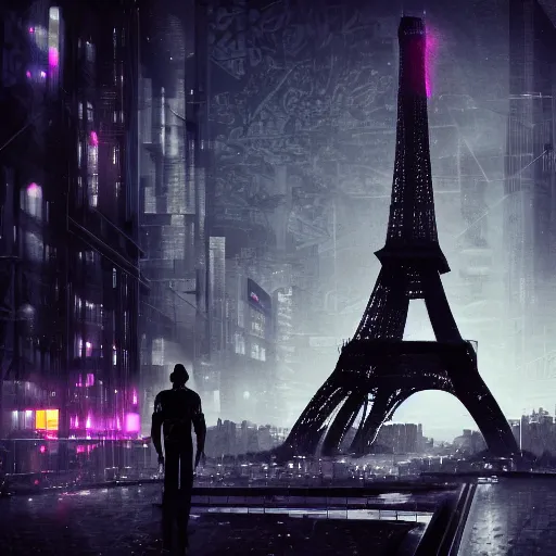 Prompt: cinematic, moody, noir, cyberpunk, future, Paris, Robot in front of Eiffel Tower, artstation