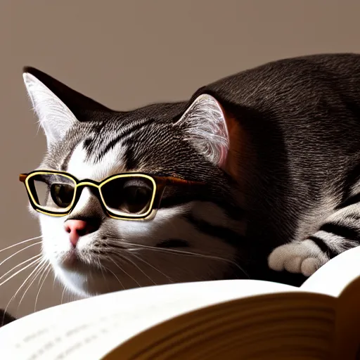 Prompt: realistic photo of a cat with glasses reading a book on a pillow, 8 k resolution, realistic, unreal engine, hyperrealism