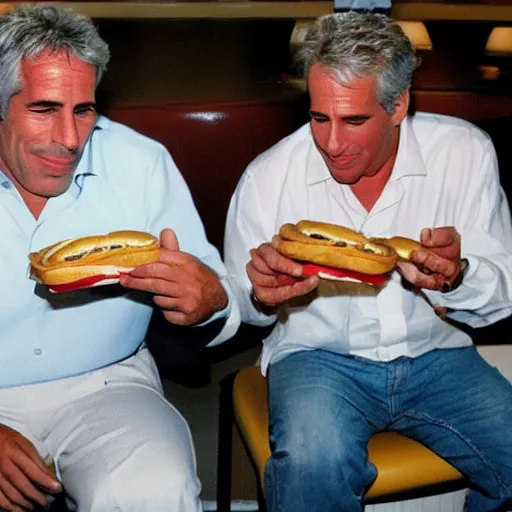 Image similar to jeffrey epstein and fat al eating a hamburger at mcdonalds