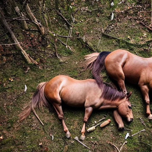 Prompt: two dead horses with some arrows on their body, lying on the woods path, dense thickets on each side, photo, 8 k