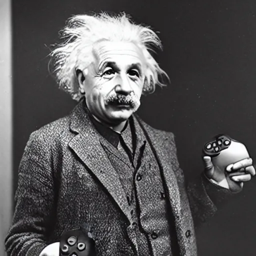 Prompt: photo of einstein holding a ps 5 controller while shouting