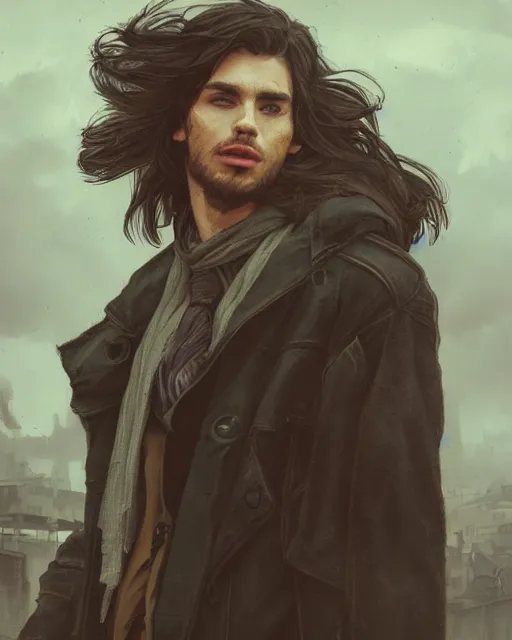 Prompt: portrait, cute young man, long hair, post - apocalyptic, abandoned city, waistcoat, black greatcoat, scarf, very detailed, dusk, character illustration, cloudy sky, soft lighting, octane render, greg rutkowski, alphonse mucha, sung choi, 8 k, vibrant