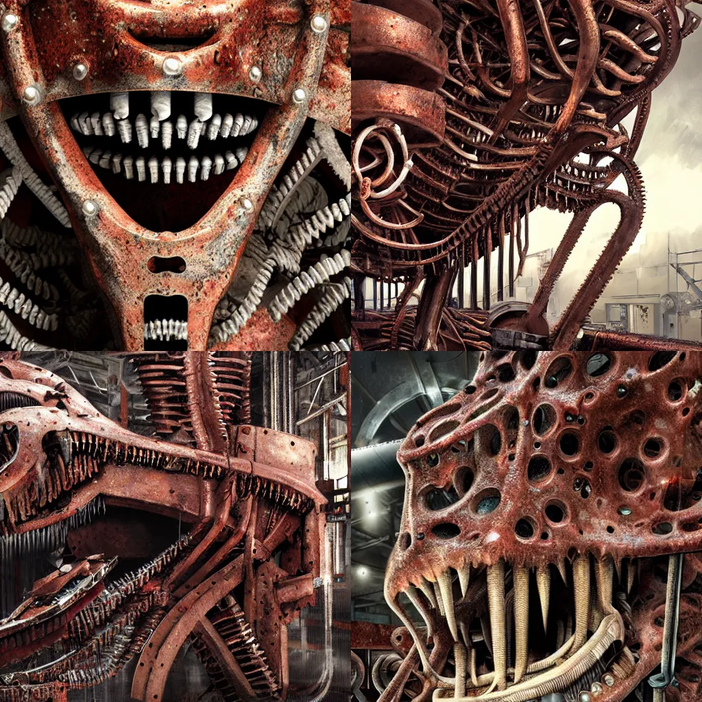 Prompt: a close up of an elongated machine made of teeth and raw meat and rusted metal, in a factory, concept art by giger, cgsociety, assemblage, trypophobia, greeble, grotesque, biomechanical open chewing mouth