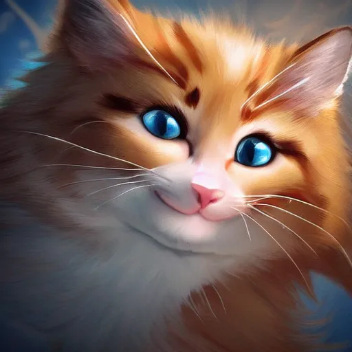 Image similar to close-up of a kitty looking like fantasy characters with cute faces live in its habitat, trending on artstation