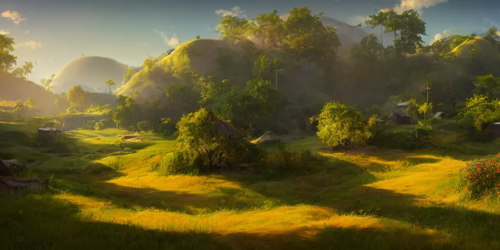 Prompt: Lively sunny landscape of a kerala village realistic detailed digital art by Maxwell Boas Jessica Rossier Christian Dimitrov Anton Fadeev trending on Artstation CGSociety rendered in Unreal Engine 4k HQ